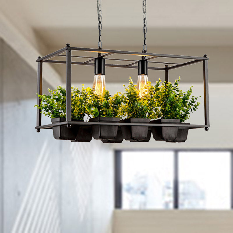 Black 2 Heads Island Lamp Industrial Metal Rectangular LED Plant Hanging Ceiling Light for Restaurant Clearhalo 'Ceiling Lights' 'Island Lights' Lighting' 398266