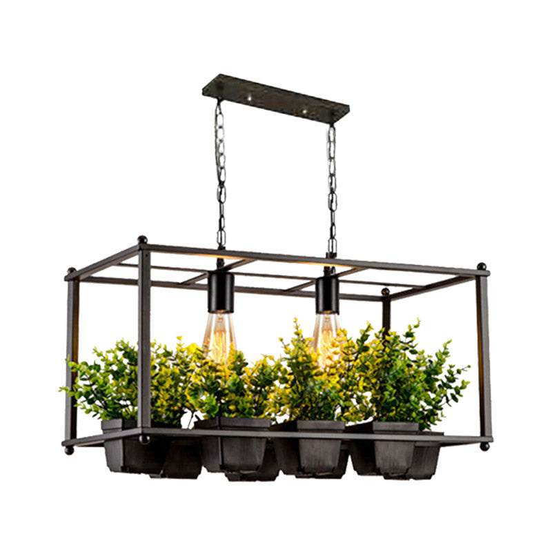 Black 2 Heads Island Lamp Industrial Metal Rectangular LED Plant Hanging Ceiling Light for Restaurant Clearhalo 'Ceiling Lights' 'Island Lights' Lighting' 398267