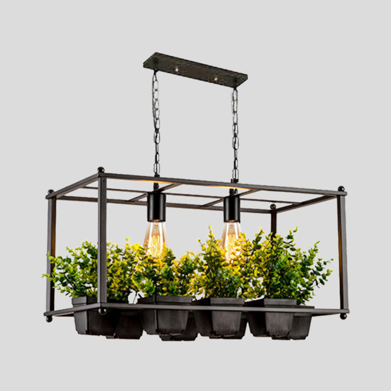 Black 2 Heads Island Lamp Industrial Metal Rectangular LED Plant Hanging Ceiling Light for Restaurant Clearhalo 'Ceiling Lights' 'Island Lights' Lighting' 398268