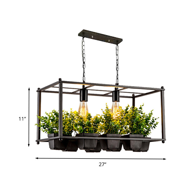 Black 2 Heads Island Lamp Industrial Metal Rectangular LED Plant Hanging Ceiling Light for Restaurant Clearhalo 'Ceiling Lights' 'Island Lights' Lighting' 398269