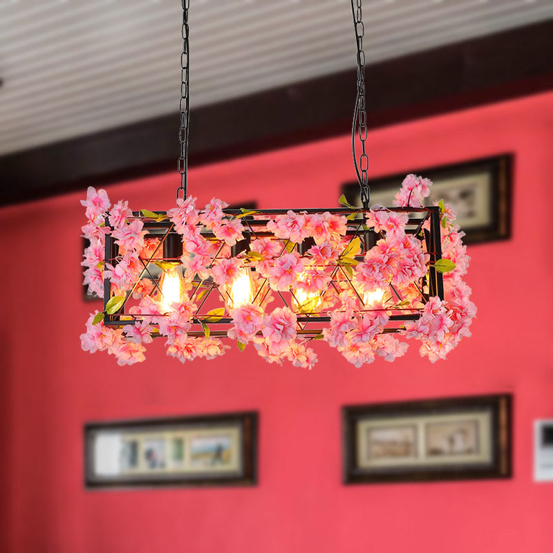 4 Lights Rectangle Island Light Industrial Pink/Brown Metal LED Hanging Lamp with Flower Decoration Clearhalo 'Ceiling Lights' 'Island Lights' Lighting' 398304