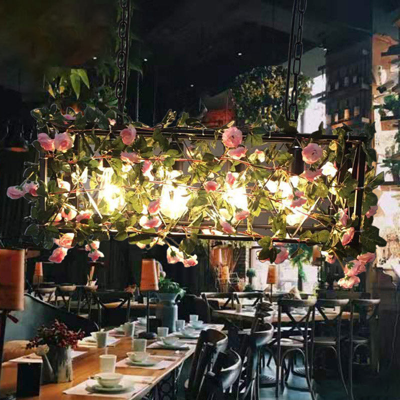 Black 4 Heads Island Lamp Industrial Metal Rectangular LED Flower Hanging Ceiling Light for Restaurant Black Clearhalo 'Ceiling Lights' 'Island Lights' Lighting' 398311