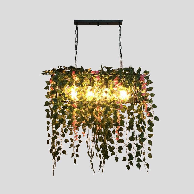 Rectangle Restaurant Island Ceiling Light Retro Metal 4 Heads Black LED Drop Lamp with Plant Decor Clearhalo 'Ceiling Lights' 'Island Lights' Lighting' 398329