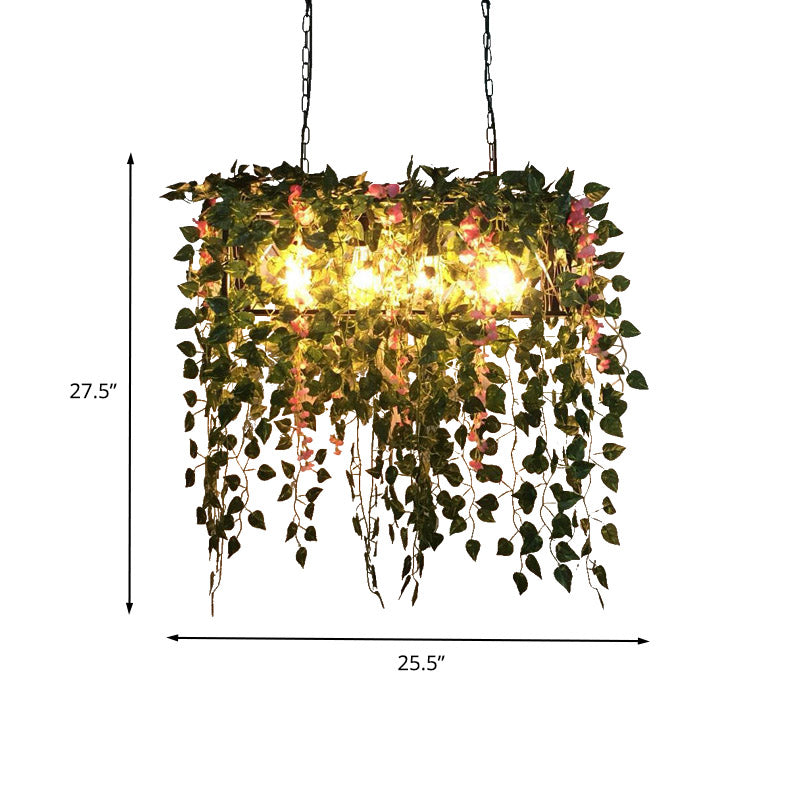 Rectangle Restaurant Island Ceiling Light Retro Metal 4 Heads Black LED Drop Lamp with Plant Decor Clearhalo 'Ceiling Lights' 'Island Lights' Lighting' 398330