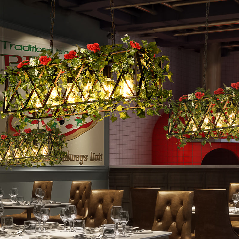 Red/Green Rectangular Island Lighting Industrial Metal 6 Heads Restaurant LED Flower/Plant Ceiling Light Red Clearhalo 'Ceiling Lights' 'Island Lights' Lighting' 398336