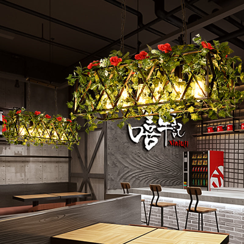 Red/Green Rectangular Island Lighting Industrial Metal 6 Heads Restaurant LED Flower/Plant Ceiling Light Clearhalo 'Ceiling Lights' 'Island Lights' Lighting' 398337