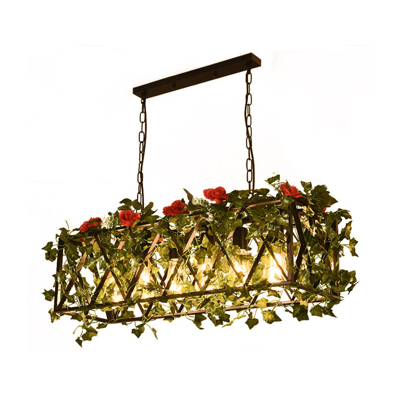 Red/Green Rectangular Island Lighting Industrial Metal 6 Heads Restaurant LED Flower/Plant Ceiling Light Clearhalo 'Ceiling Lights' 'Island Lights' Lighting' 398339