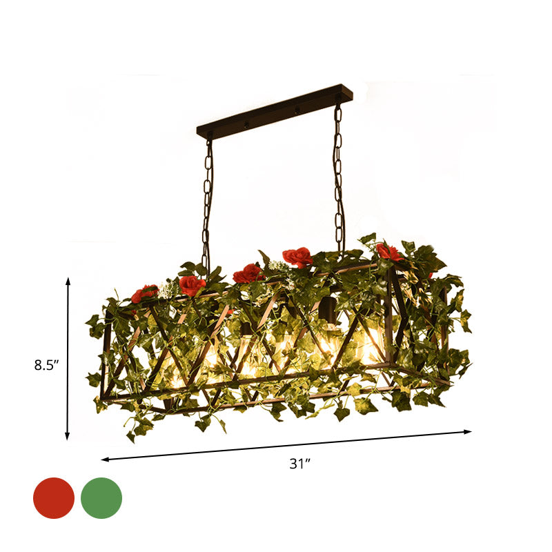 Red/Green Rectangular Island Lighting Industrial Metal 6 Heads Restaurant LED Flower/Plant Ceiling Light Clearhalo 'Ceiling Lights' 'Island Lights' Lighting' 398340