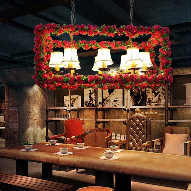 Industrial Rectangular Island Pendant Light 8 Heads Metal Flower Suspension Lighting in Red for Restaurant Clearhalo 'Ceiling Lights' 'Island Lights' Lighting' 398346