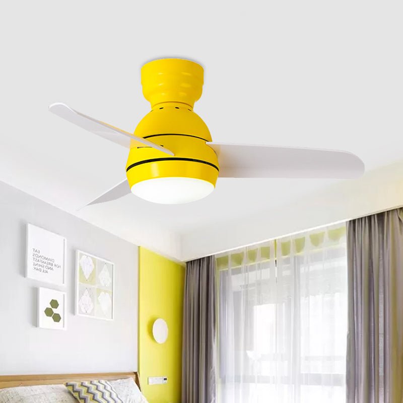 33.5" W LED Ceiling Fan Light Kids Dome Metal Semi Flushmount in Pink/Green/White with 3 White Plastic Blades, Wall/Remote Control Yellow Clearhalo 'Ceiling Fans with Lights' 'Ceiling Fans' 'Kids Ceiling Fans' 'Kids' Lighting' 398488