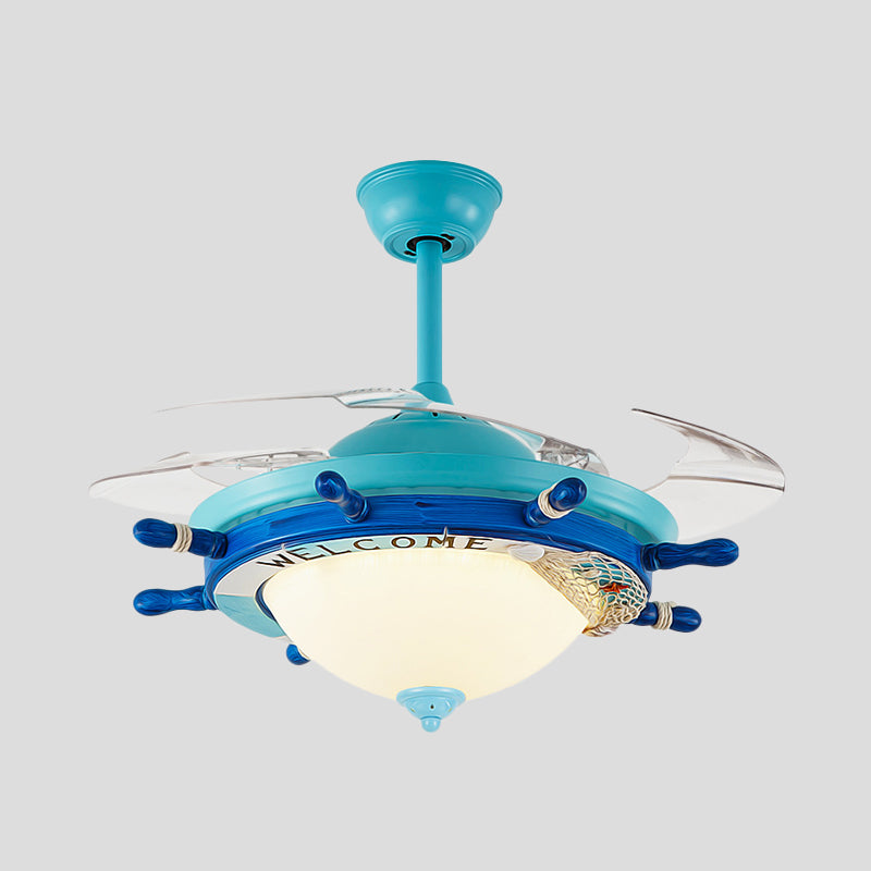 36" W Acrylic Blue Semi Flush Mount Lighting Rudder LED Kids 4 Blades Hanging Ceiling Fan Lamp for Bedroom, Wall/Remote Control Blue Clearhalo 'Ceiling Fans with Lights' 'Ceiling Fans' 'Kids Ceiling Fans' 'Kids' Lighting' 398556