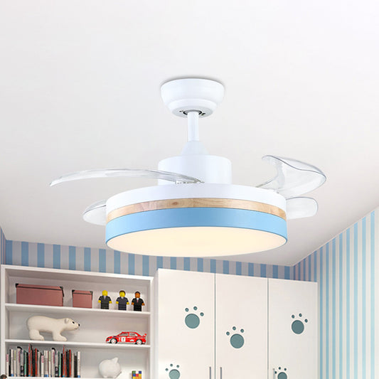 42" W LED Pendant Fan Light Minimalist Drum Acrylic 4 Blades Semi Flush Mount Ceiling Lamp in Blue Blue Clearhalo 'Ceiling Fans with Lights' 'Ceiling Fans' 'Kids Ceiling Fans' 'Kids' Lighting' 398617