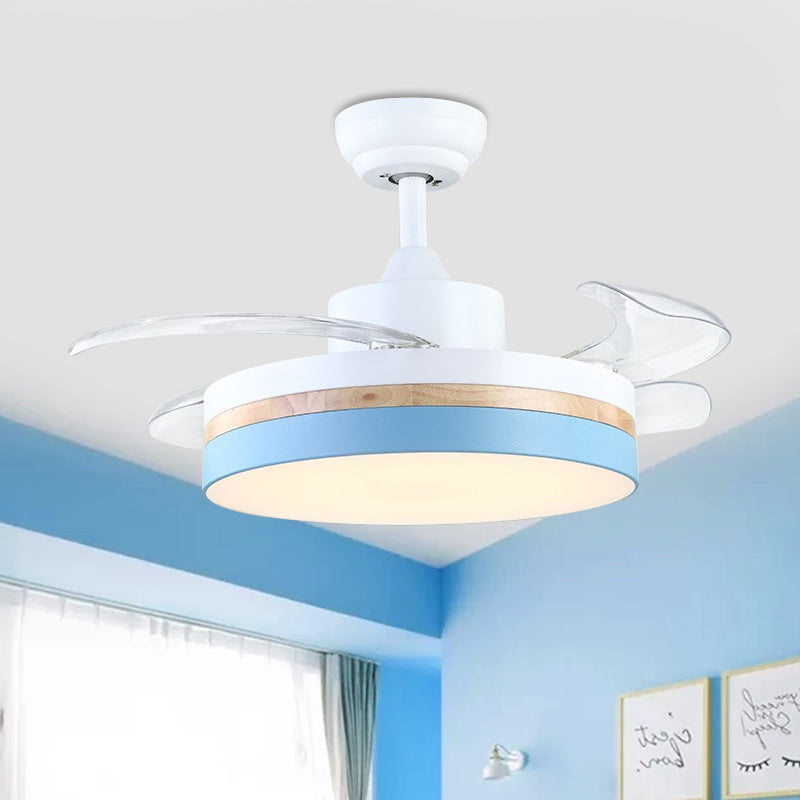 42" W LED Pendant Fan Light Minimalist Drum Acrylic 4 Blades Semi Flush Mount Ceiling Lamp in Blue Clearhalo 'Ceiling Fans with Lights' 'Ceiling Fans' 'Kids Ceiling Fans' 'Kids' Lighting' 398618