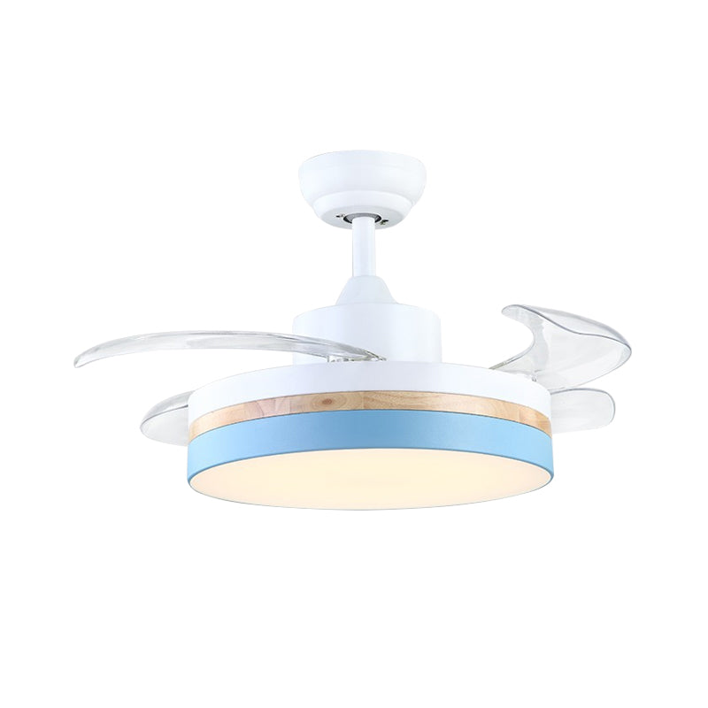 42" W LED Pendant Fan Light Minimalist Drum Acrylic 4 Blades Semi Flush Mount Ceiling Lamp in Blue Clearhalo 'Ceiling Fans with Lights' 'Ceiling Fans' 'Kids Ceiling Fans' 'Kids' Lighting' 398619