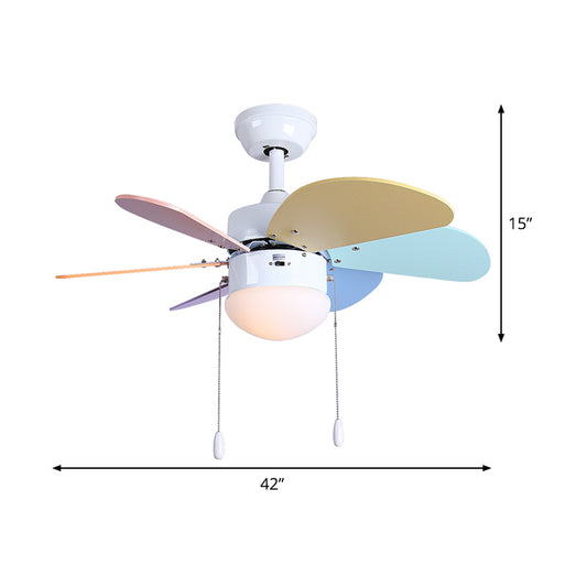 LED Dome Ceiling Fan Lighting Kids White Acrylic Semi Flush Mount Lamp with 6 Wooden Blades, 30"/35.5"/42" Wide Clearhalo 'Ceiling Fans with Lights' 'Ceiling Fans' 'Kids Ceiling Fans' 'Kids' Lighting' 398641