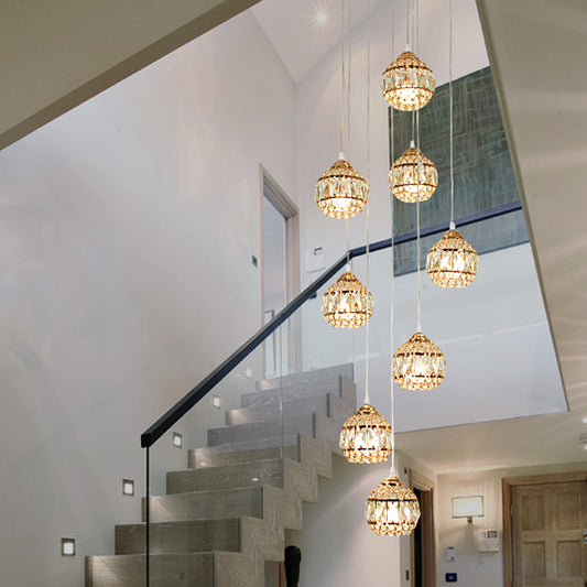 8 Lights Meteor Shower Cluster Pendant Modern Gold Crystal Hanging Ceiling Light for Stair Gold Clearhalo 'Ceiling Lights' 'Modern Pendants' 'Modern' 'Pendant Lights' 'Pendants' Lighting' 398661