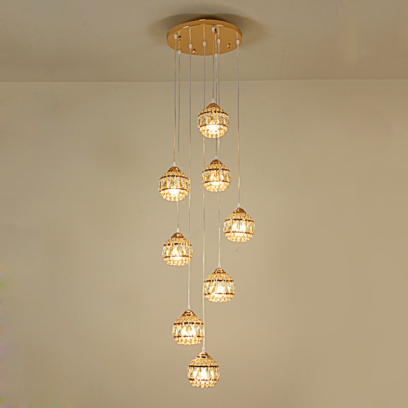 8 Lights Meteor Shower Cluster Pendant Modern Gold Crystal Hanging Ceiling Light for Stair Clearhalo 'Ceiling Lights' 'Modern Pendants' 'Modern' 'Pendant Lights' 'Pendants' Lighting' 398664