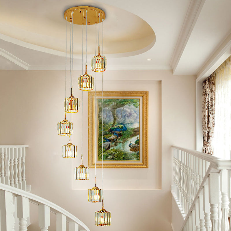 Gold 8 Bulbs Ceiling Light Modernism Crystal Mini Drum Multi Lamp Pendant with Spiral Design Clearhalo 'Ceiling Lights' 'Modern Pendants' 'Modern' 'Pendant Lights' 'Pendants' Lighting' 398668