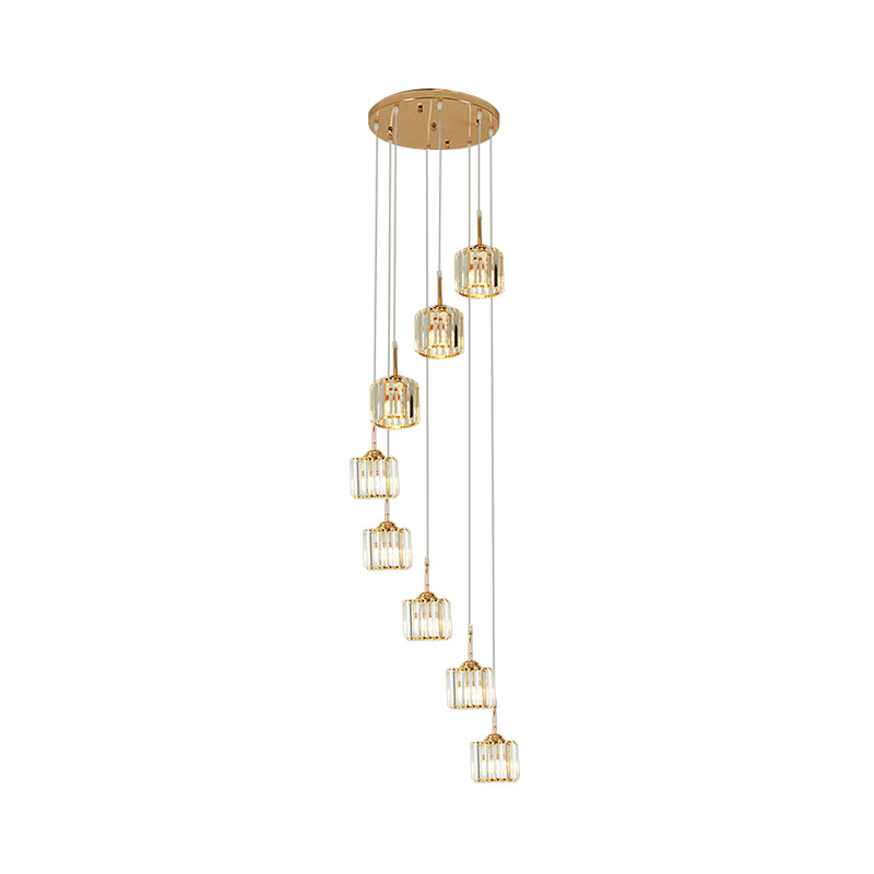 Gold 8 Bulbs Ceiling Light Modernism Crystal Mini Drum Multi Lamp Pendant with Spiral Design Clearhalo 'Ceiling Lights' 'Modern Pendants' 'Modern' 'Pendant Lights' 'Pendants' Lighting' 398669