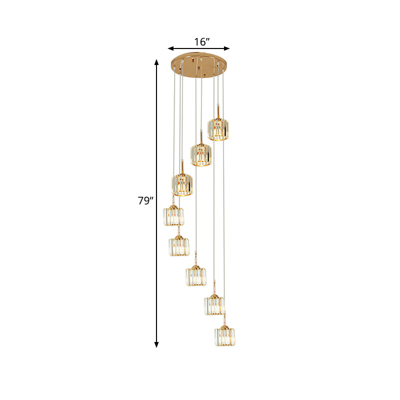 Gold 8 Bulbs Ceiling Light Modernism Crystal Mini Drum Multi Lamp Pendant with Spiral Design Clearhalo 'Ceiling Lights' 'Modern Pendants' 'Modern' 'Pendant Lights' 'Pendants' Lighting' 398670