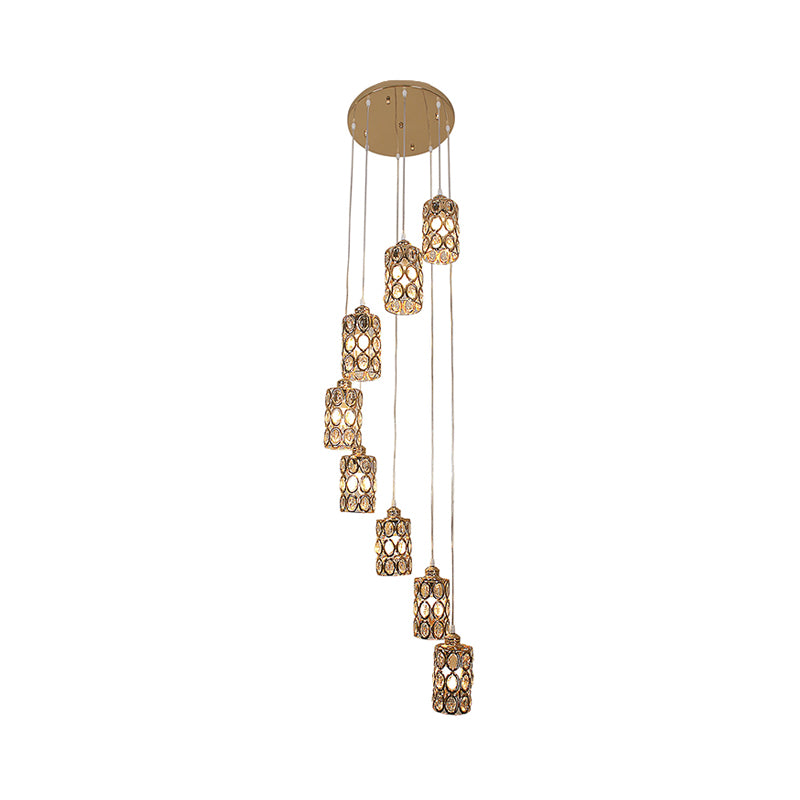 8 Heads Hanging Lamp Contemporary Stair Multi Light Pendant with Cylinder Crystal Shade in Gold Clearhalo 'Ceiling Lights' 'Modern Pendants' 'Modern' 'Pendant Lights' 'Pendants' Lighting' 398674