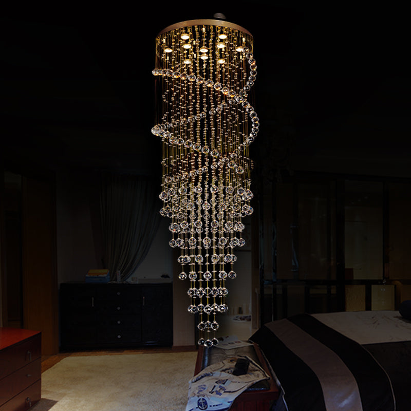 10-Head Spiral Cascades Hanging Lamp Modernism Brass Clear Crystal LED Multi Light Pendant Brass Clearhalo 'Ceiling Lights' 'Modern Pendants' 'Modern' 'Pendant Lights' 'Pendants' Lighting' 398736