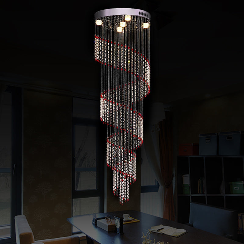 5 Bulbs Spiral Cascades Hanging Lamp Modernism Silver Clear and Red Crystal LED Multi Light Pendant Silver Clearhalo 'Ceiling Lights' 'Modern Pendants' 'Modern' 'Pendant Lights' 'Pendants' Lighting' 398761