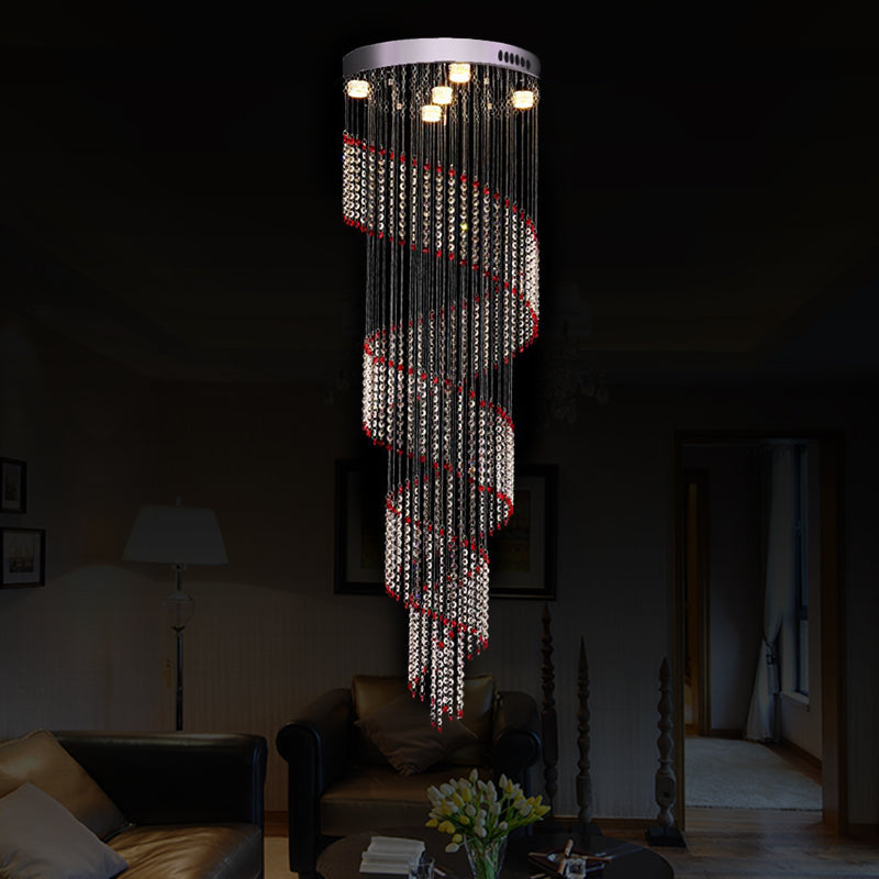 5 Bulbs Spiral Cascades Hanging Lamp Modernism Silver Clear and Red Crystal LED Multi Light Pendant Clearhalo 'Ceiling Lights' 'Modern Pendants' 'Modern' 'Pendant Lights' 'Pendants' Lighting' 398762