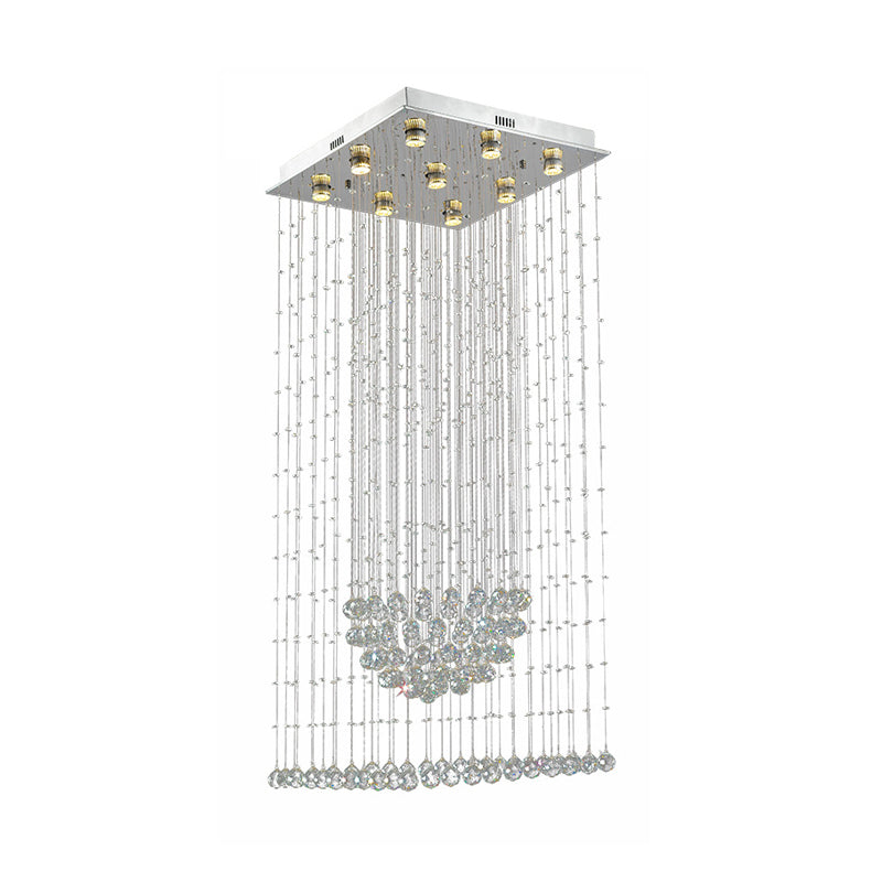 Modernist Waterfall Pendant Light 9-Bulb Crystal LED Multi Ceiling Lamp in Silver with Square Canopy Clearhalo 'Ceiling Lights' 'Modern Pendants' 'Modern' 'Pendant Lights' 'Pendants' Lighting' 398869