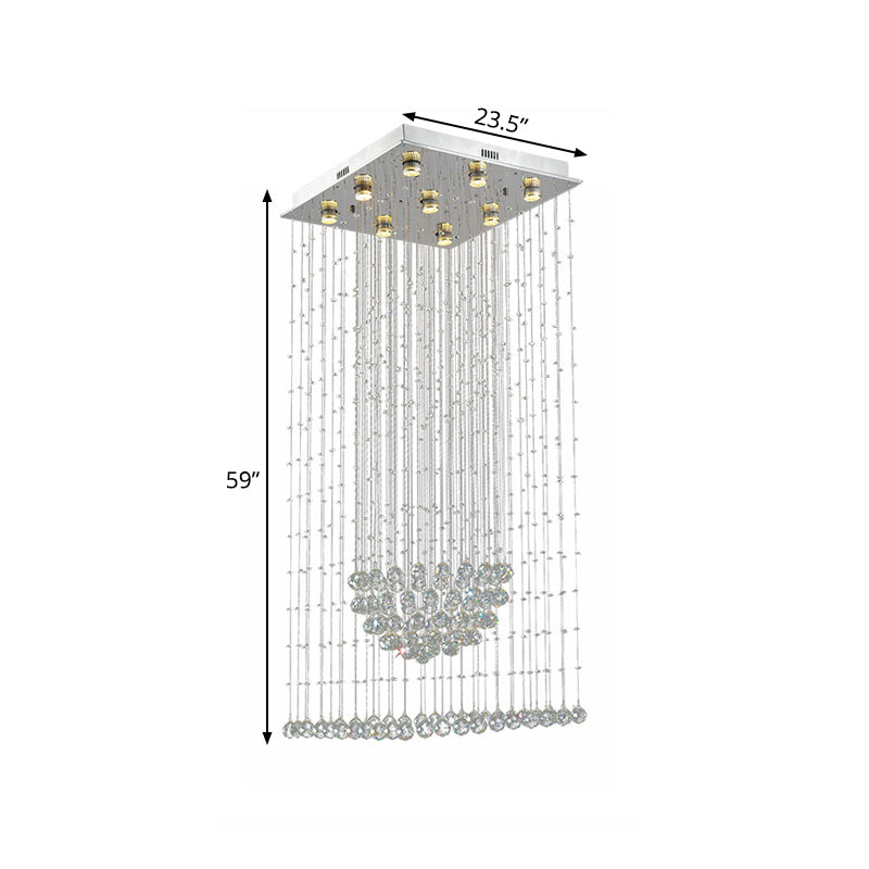 Modernist Waterfall Pendant Light 9-Bulb Crystal LED Multi Ceiling Lamp in Silver with Square Canopy Clearhalo 'Ceiling Lights' 'Modern Pendants' 'Modern' 'Pendant Lights' 'Pendants' Lighting' 398870