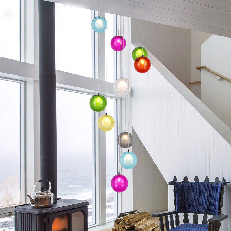 10 Lights Globe Cluster Pendant Modern White/Pink Glass LED Hanging Ceiling Light for Stair Pink Clearhalo 'Ceiling Lights' 'Glass shade' 'Glass' 'Modern Pendants' 'Modern' 'Pendant Lights' 'Pendants' Lighting' 398920