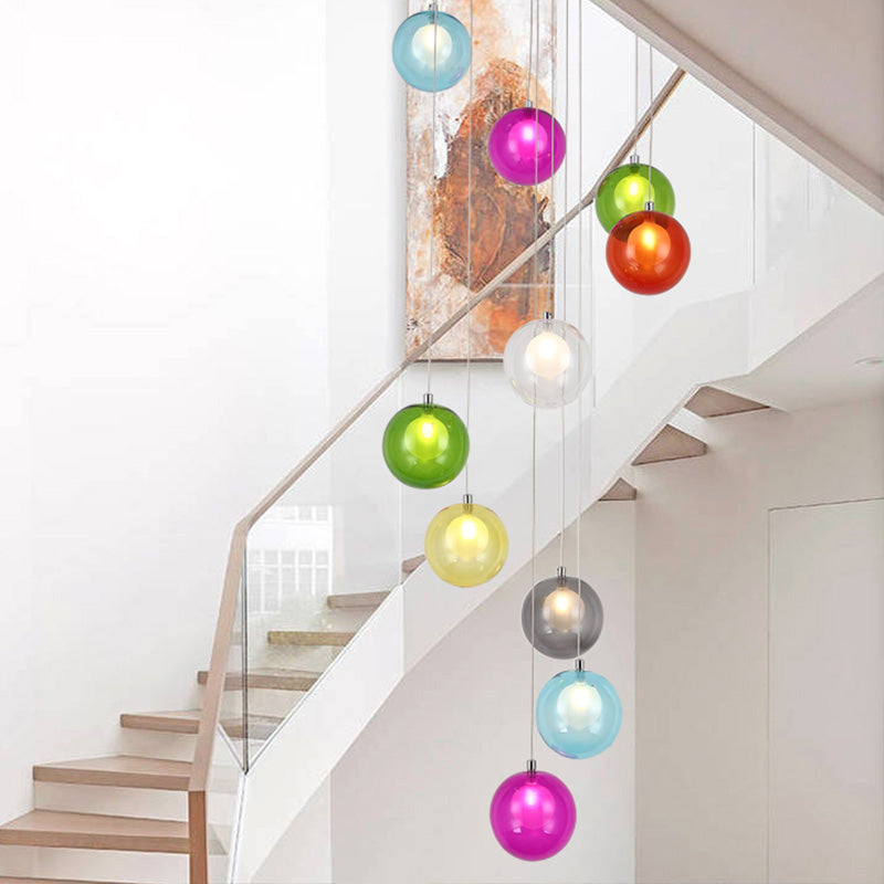 10 Lights Globe Cluster Pendant Modern White/Pink Glass LED Hanging Ceiling Light for Stair Clearhalo 'Ceiling Lights' 'Glass shade' 'Glass' 'Modern Pendants' 'Modern' 'Pendant Lights' 'Pendants' Lighting' 398921