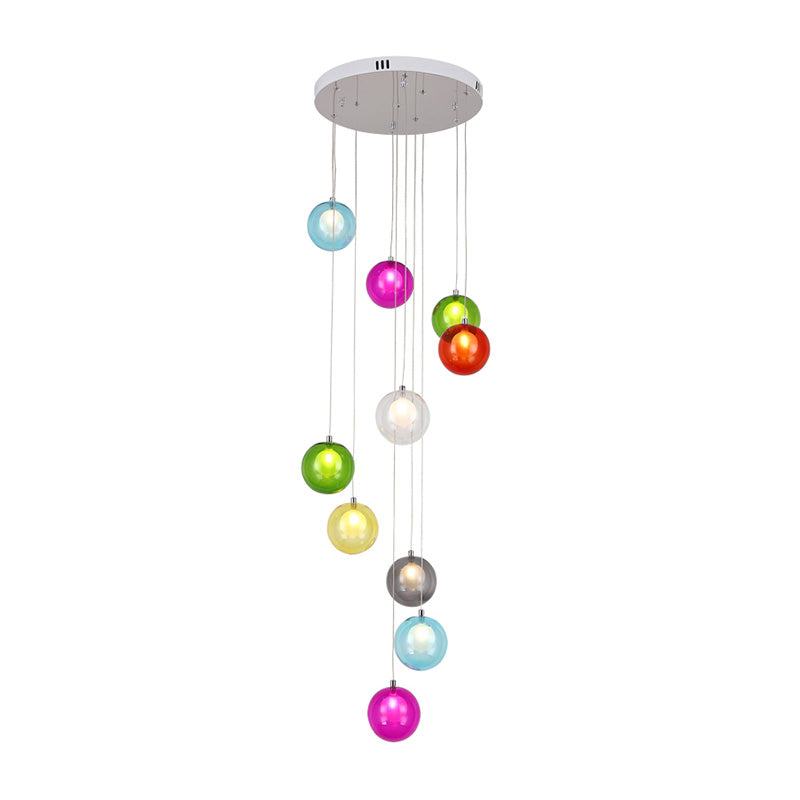 10 Lights Globe Cluster Pendant Modern White/Pink Glass LED Hanging Ceiling Light for Stair Clearhalo 'Ceiling Lights' 'Glass shade' 'Glass' 'Modern Pendants' 'Modern' 'Pendant Lights' 'Pendants' Lighting' 398922