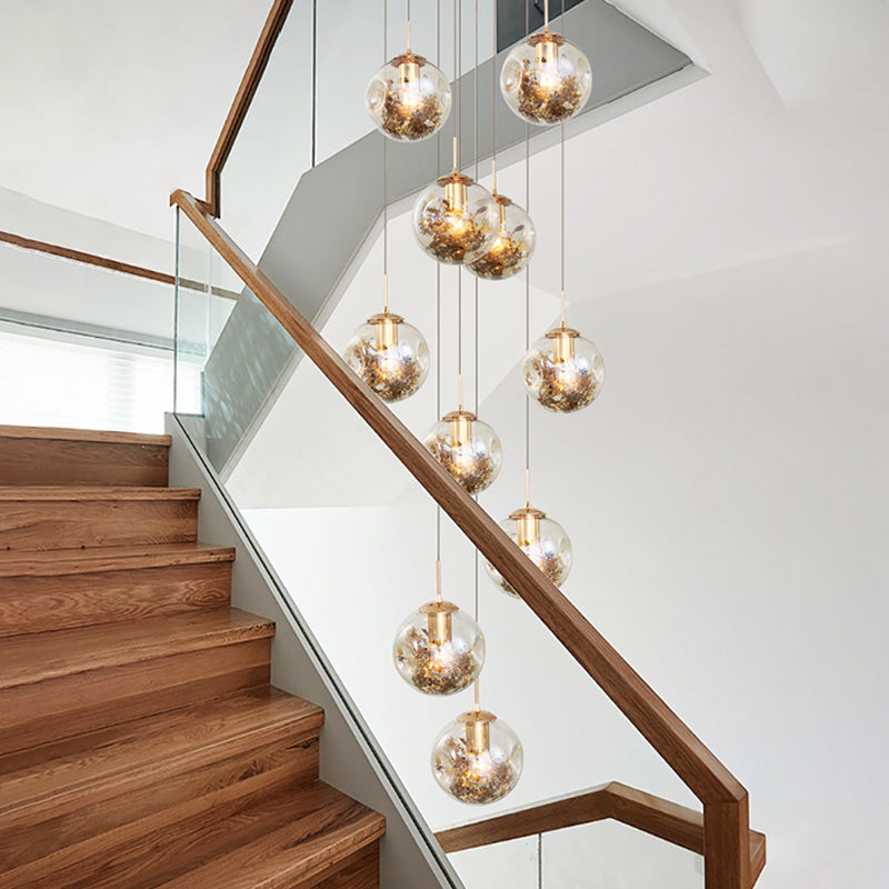 10 Bulbs Amber Dimpled Glass Pendant Contemporary Gold Ball Living Room Multi Light Chandelier Amber Clearhalo 'Ceiling Lights' 'Modern Pendants' 'Modern' 'Pendant Lights' 'Pendants' Lighting' 398927