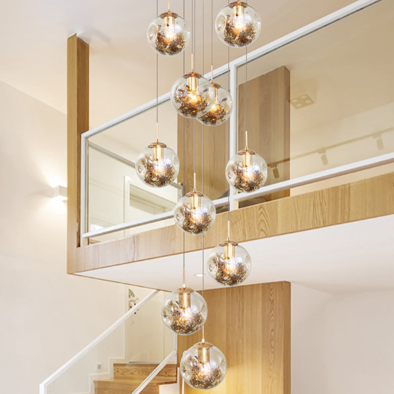 10 Bulbs Amber Dimpled Glass Pendant Contemporary Gold Ball Living Room Multi Light Chandelier Clearhalo 'Ceiling Lights' 'Modern Pendants' 'Modern' 'Pendant Lights' 'Pendants' Lighting' 398928