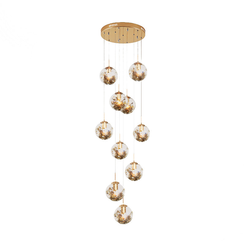 10 Bulbs Amber Dimpled Glass Pendant Contemporary Gold Ball Living Room Multi Light Chandelier Clearhalo 'Ceiling Lights' 'Modern Pendants' 'Modern' 'Pendant Lights' 'Pendants' Lighting' 398929