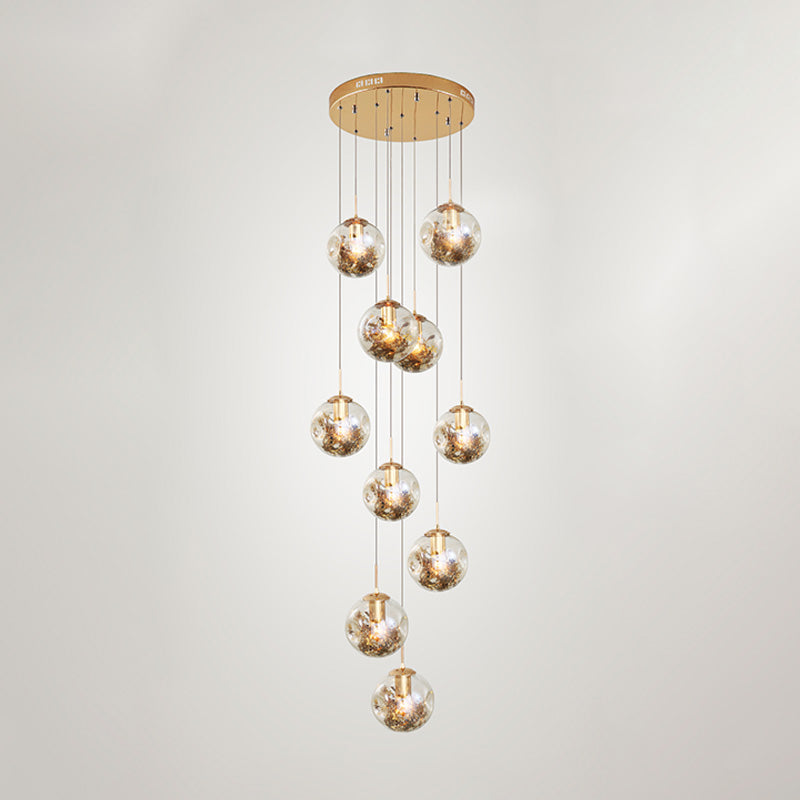 10 Bulbs Amber Dimpled Glass Pendant Contemporary Gold Ball Living Room Multi Light Chandelier Clearhalo 'Ceiling Lights' 'Modern Pendants' 'Modern' 'Pendant Lights' 'Pendants' Lighting' 398930