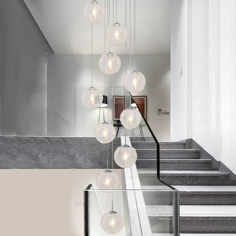 Global Clear Glass LED Hanging Lamp Modernist 10 Heads Stair Multi Pendant Ceiling Light in White White Clearhalo 'Ceiling Lights' 'Glass shade' 'Glass' 'Modern Pendants' 'Modern' 'Pendant Lights' 'Pendants' Lighting' 398932