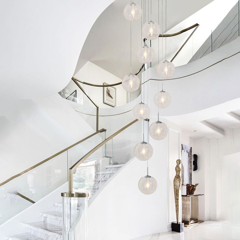 Global Clear Glass LED Hanging Lamp Modernist 10 Heads Stair Multi Pendant Ceiling Light in White Clearhalo 'Ceiling Lights' 'Glass shade' 'Glass' 'Modern Pendants' 'Modern' 'Pendant Lights' 'Pendants' Lighting' 398933