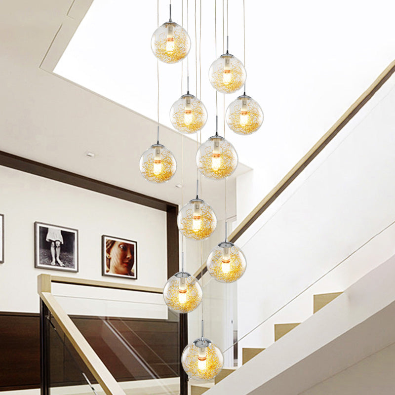 10-Head Multi Light Pendant Modernism Stair Suspension Lamp with Sphere Clear Glass Shade in Silver Silver Clearhalo 'Ceiling Lights' 'Glass shade' 'Glass' 'Modern Pendants' 'Modern' 'Pendant Lights' 'Pendants' Lighting' 398937