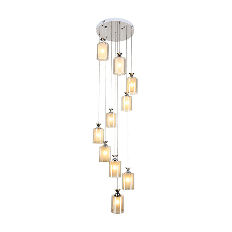 Silver Globe/Cylinder Cluster Pendant Modern Clear Glass 10-Light Stair Ceiling Hang Fixture Clearhalo 'Ceiling Lights' 'Glass shade' 'Glass' 'Modern Pendants' 'Modern' 'Pendant Lights' 'Pendants' Lighting' 398950