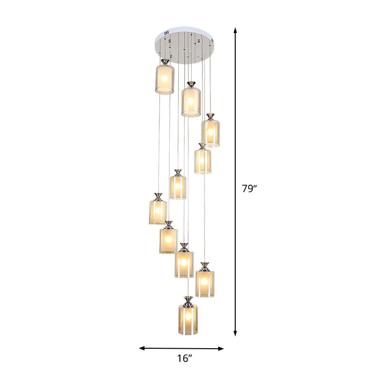 Silver Globe/Cylinder Cluster Pendant Modern Clear Glass 10-Light Stair Ceiling Hang Fixture Clearhalo 'Ceiling Lights' 'Glass shade' 'Glass' 'Modern Pendants' 'Modern' 'Pendant Lights' 'Pendants' Lighting' 398951