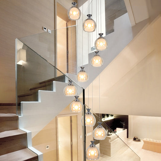 Silver Globe/Cylinder Cluster Pendant Modern Clear Glass 10-Light Stair Ceiling Hang Fixture Silver Globe Clearhalo 'Ceiling Lights' 'Glass shade' 'Glass' 'Modern Pendants' 'Modern' 'Pendant Lights' 'Pendants' Lighting' 398952