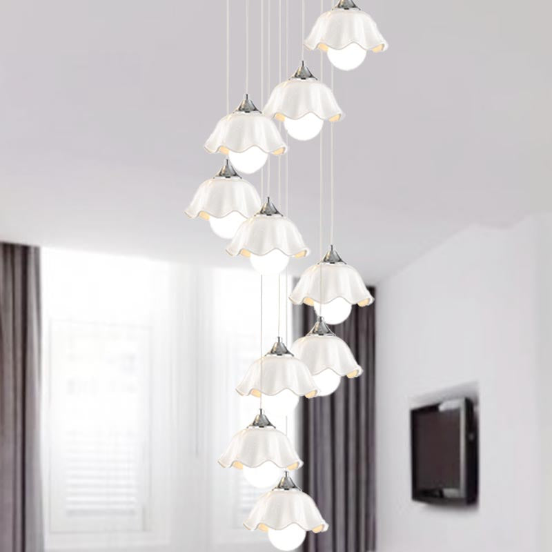 White Glass Scalloped Suspension Light Contemporary 10 Lights Living Room Multi Pendant Lamp Clearhalo 'Ceiling Lights' 'Glass shade' 'Glass' 'Modern Pendants' 'Modern' 'Pendant Lights' 'Pendants' Lighting' 398957