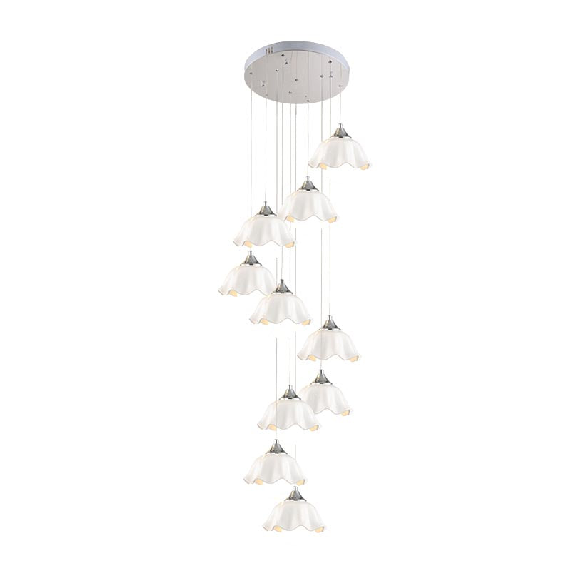 White Glass Scalloped Suspension Light Contemporary 10 Lights Living Room Multi Pendant Lamp Clearhalo 'Ceiling Lights' 'Glass shade' 'Glass' 'Modern Pendants' 'Modern' 'Pendant Lights' 'Pendants' Lighting' 398959