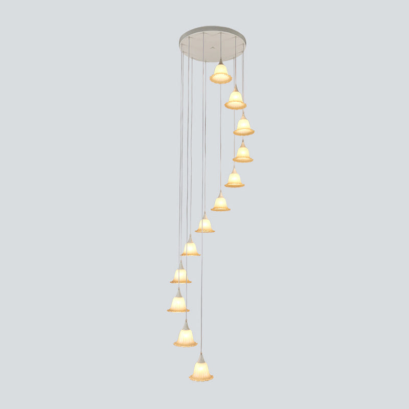 White Glass Flower Multi Pendant Modern 12 Lights Stair Hanging Ceiling Lamp with Spiral Design Clearhalo 'Ceiling Lights' 'Glass shade' 'Glass' 'Modern Pendants' 'Modern' 'Pendant Lights' 'Pendants' Lighting' 398969