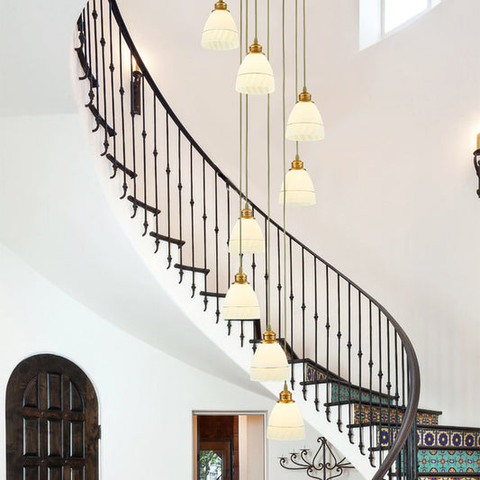 8-Head Pendant Lighting Modernism Stair Multi Ceiling Light with Bell/Dome White Glass Shade White Dome Clearhalo 'Ceiling Lights' 'Glass shade' 'Glass' 'Modern Pendants' 'Modern' 'Pendant Lights' 'Pendants' Lighting' 398971