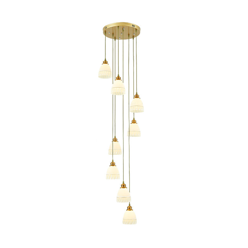 8-Head Pendant Lighting Modernism Stair Multi Ceiling Light with Bell/Dome White Glass Shade Clearhalo 'Ceiling Lights' 'Glass shade' 'Glass' 'Modern Pendants' 'Modern' 'Pendant Lights' 'Pendants' Lighting' 398974