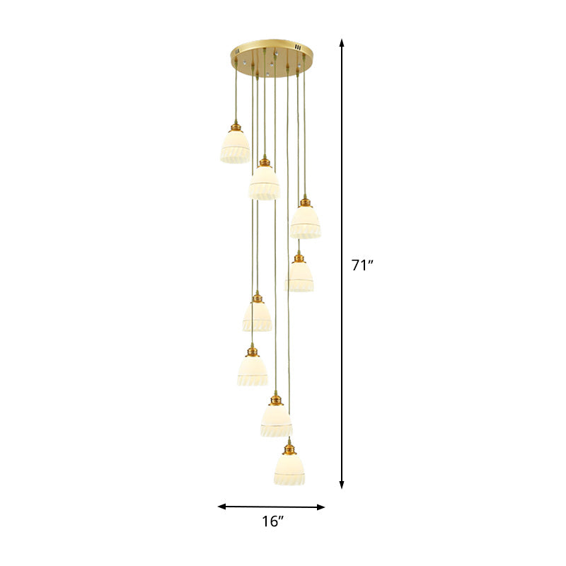 8-Head Pendant Lighting Modernism Stair Multi Ceiling Light with Bell/Dome White Glass Shade Clearhalo 'Ceiling Lights' 'Glass shade' 'Glass' 'Modern Pendants' 'Modern' 'Pendant Lights' 'Pendants' Lighting' 398975