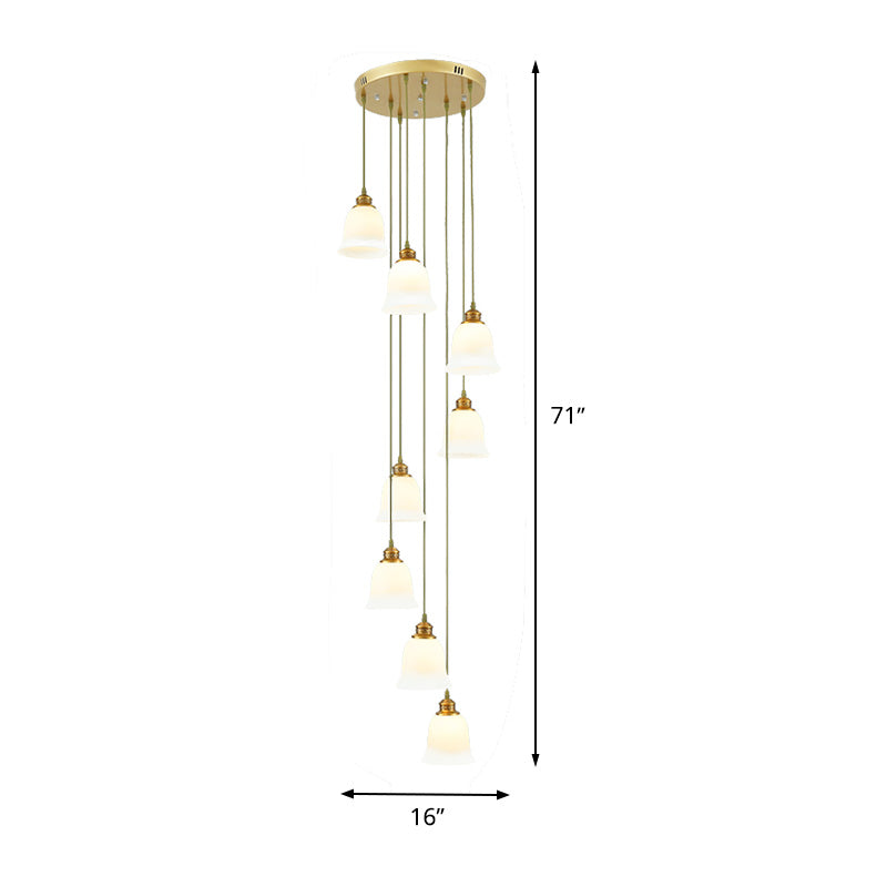 8-Head Pendant Lighting Modernism Stair Multi Ceiling Light with Bell/Dome White Glass Shade Clearhalo 'Ceiling Lights' 'Glass shade' 'Glass' 'Modern Pendants' 'Modern' 'Pendant Lights' 'Pendants' Lighting' 398979